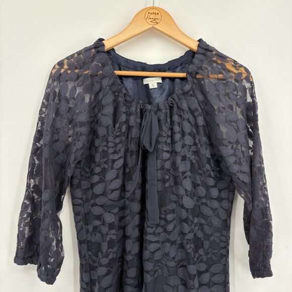 Garnet Hill Boheme Easy Lace Dress in Navy, Size 12, 3/4 Bishop Sleeve, Tie Neck - Picture 3 of 8